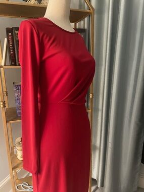 Ann Taylor Red Sheath Dress Midi XS Petite Office Wedding Draped 0 2 XXS